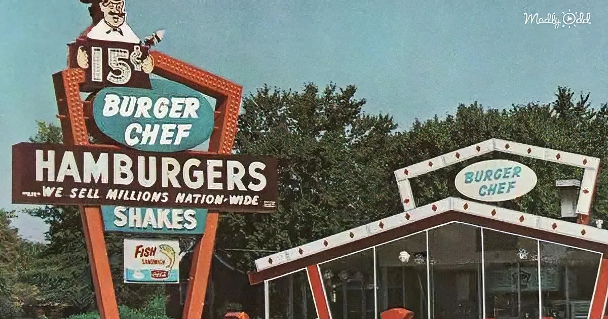 A vintage Burger Chef sign advertises hamburgers, shakes, and fish sandwiches with a retro design.