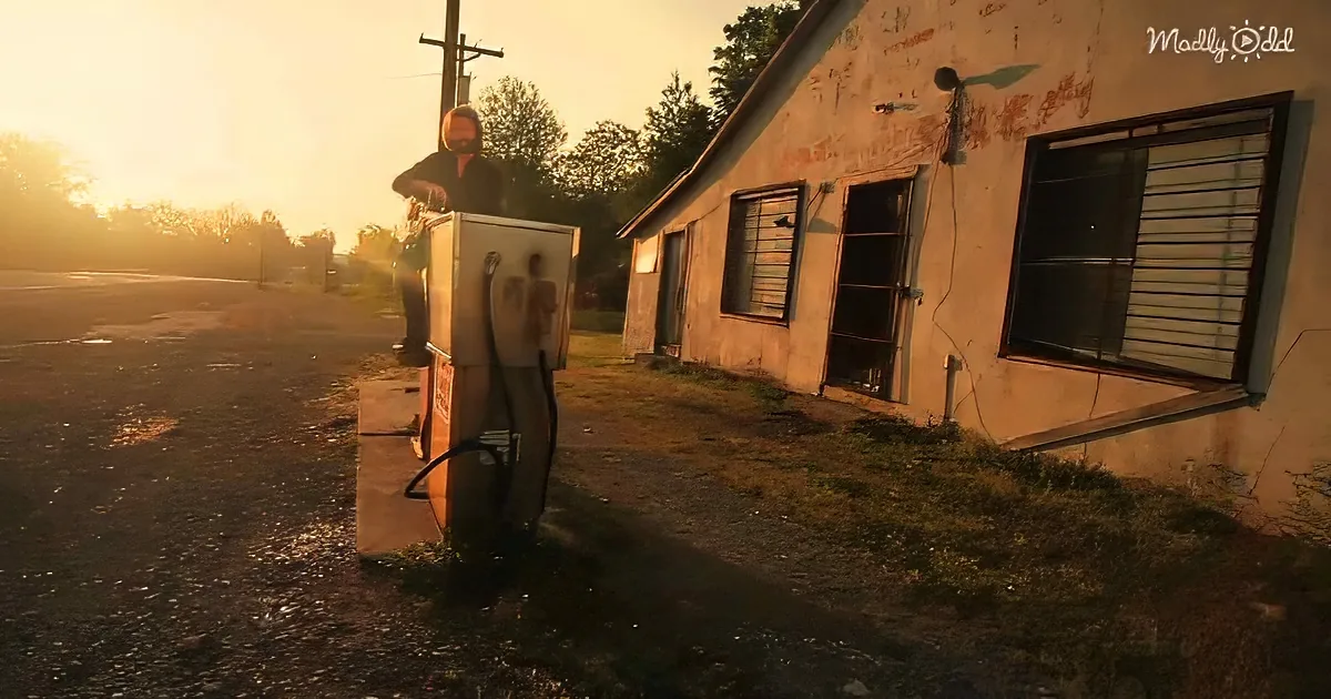 A man stands beside an old gas pump in front of a weathered building under a golden sunset.