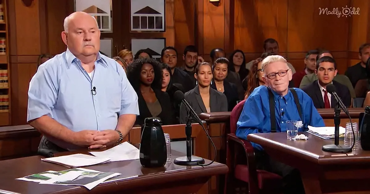 A man in a light blue shirt stands at a podium in a courtroom, with a seated man in a blue shirt and glasses beside him.
