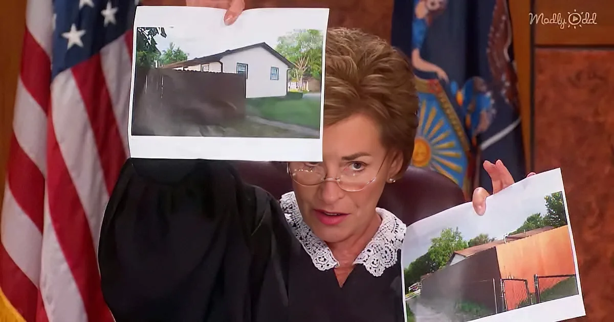 A woman in a judge's robe holds a photo of a house, with another photo of a different house in her other hand.