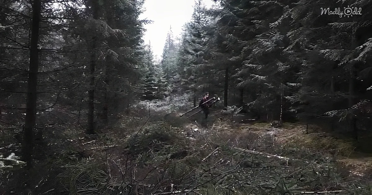 A person walks through a dense forest carrying a long object, surrounded by tall evergreen trees.