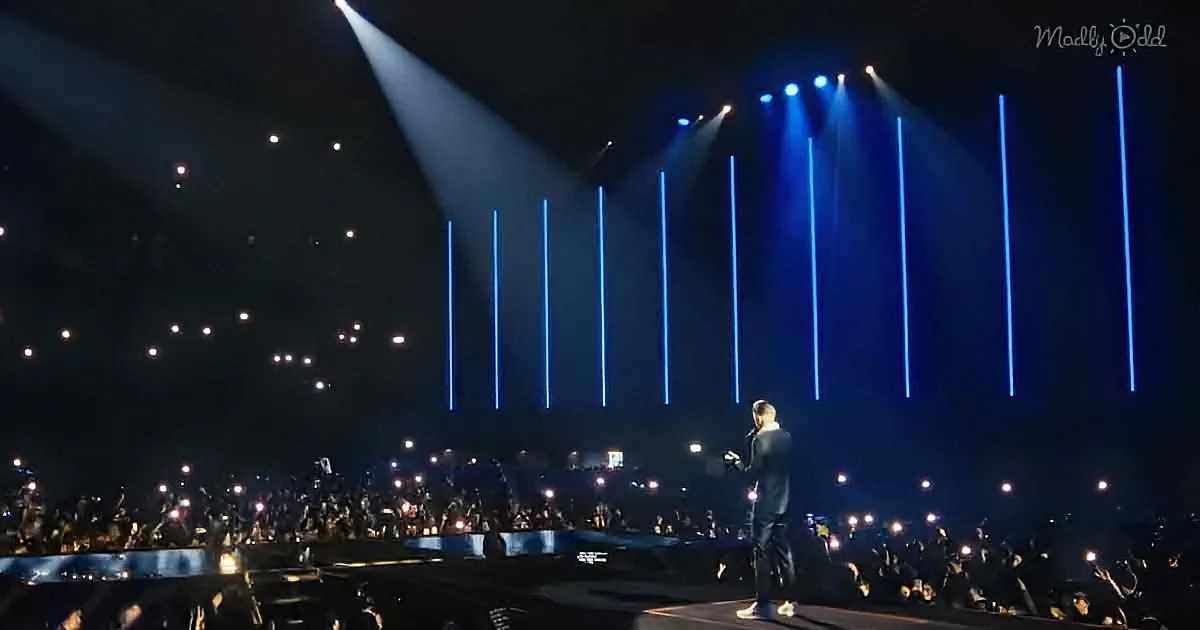 A performer on stage with blue vertical light beams and a crowd holding up lights.