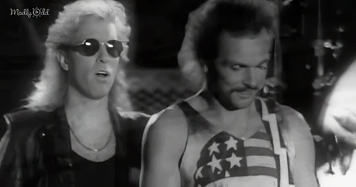 A man in a patriotic tank top stands next to another man in sunglasses, both appear to be performing or singing.
