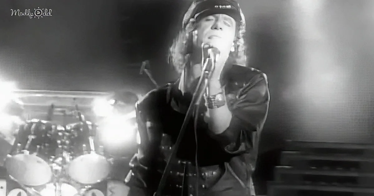 A musician in a leather jacket sings into a microphone on stage with a drum set in the background.