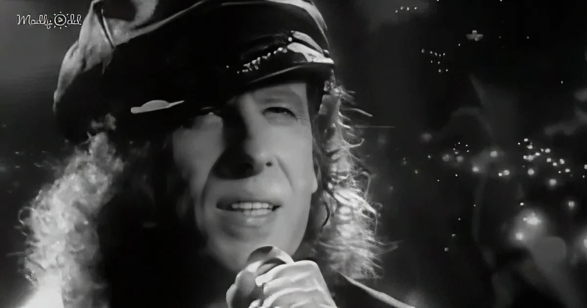 A person in a fur-trimmed coat and hat, holding a microphone, with a dark, starry background.