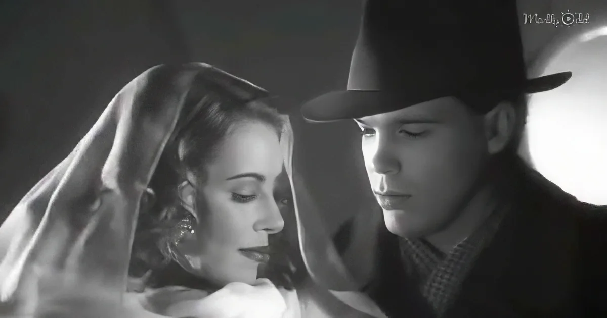 A woman in a veil and a man in a hat are embracing, creating a tender moment.