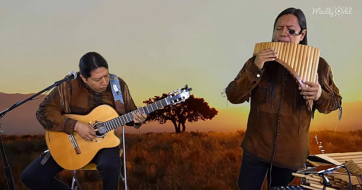 A musician plays guitar while another plays a pan flute against a scenic sunset backdrop.