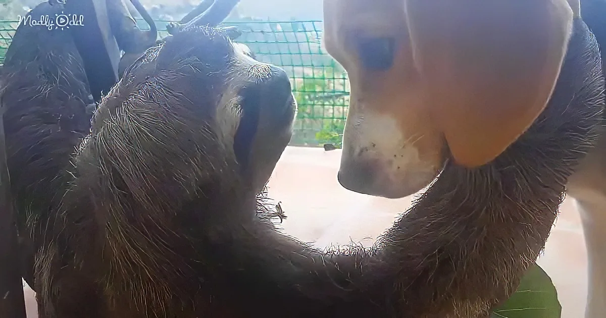 A close-up of a sloth's face, showing its fur and the environment behind it.