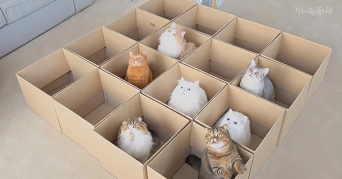 Several cats are nestled in a large, multi-compartment cardboard box on a light floor.