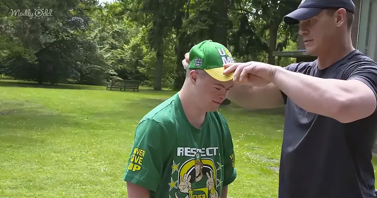 A man adjusts a green cap on a boy in a green shirt with "Respect" and "Never Give Up" text.