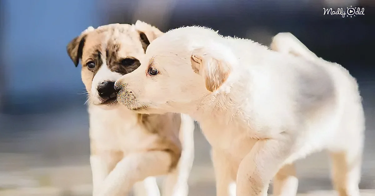 Two adorable puppies, one white and one brown, are playfully interacting in a soft, blurred background.