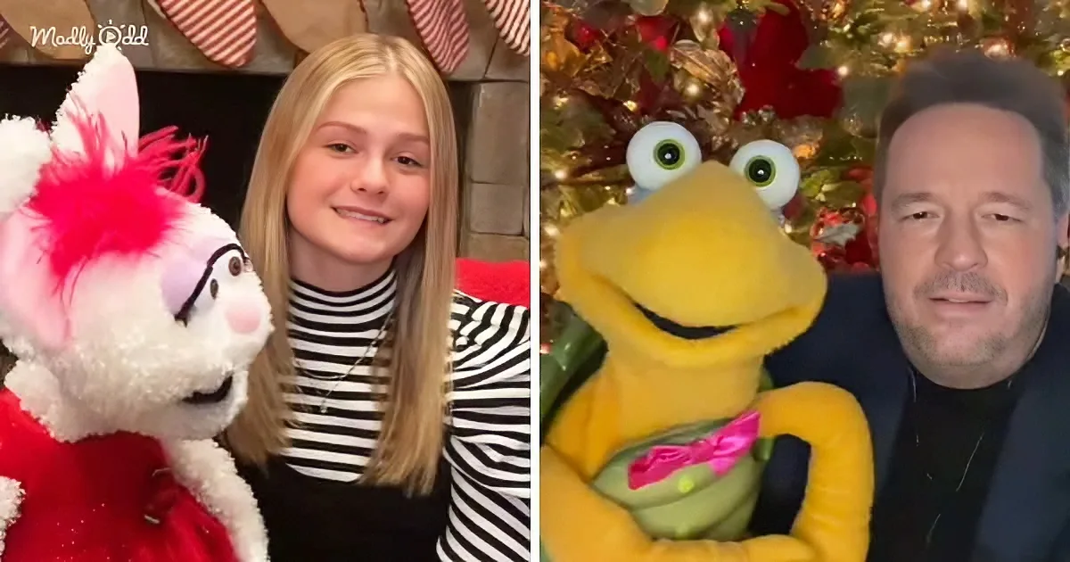 A young girl and a man are smiling with stuffed animals in front of a Christmas tree.