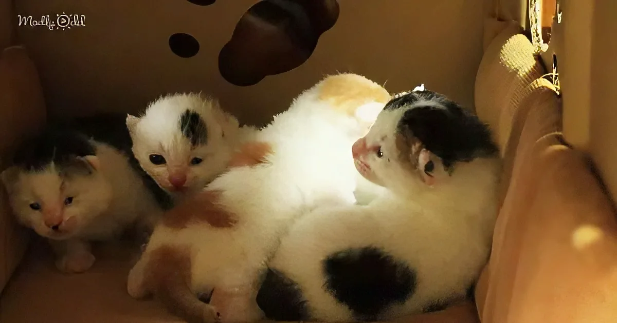 Four adorable kittens with white fur and black patches are nestled together in a cozy cardboard box.