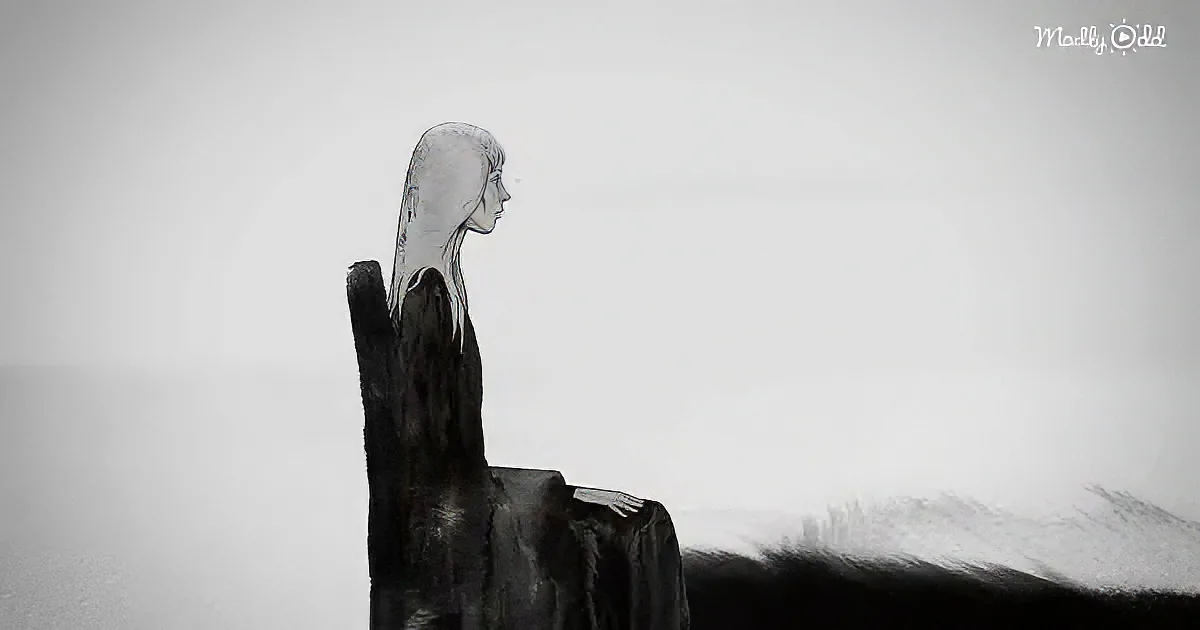 A figure with long hair sits on a chair, gazing into the distance, against a minimalist background.