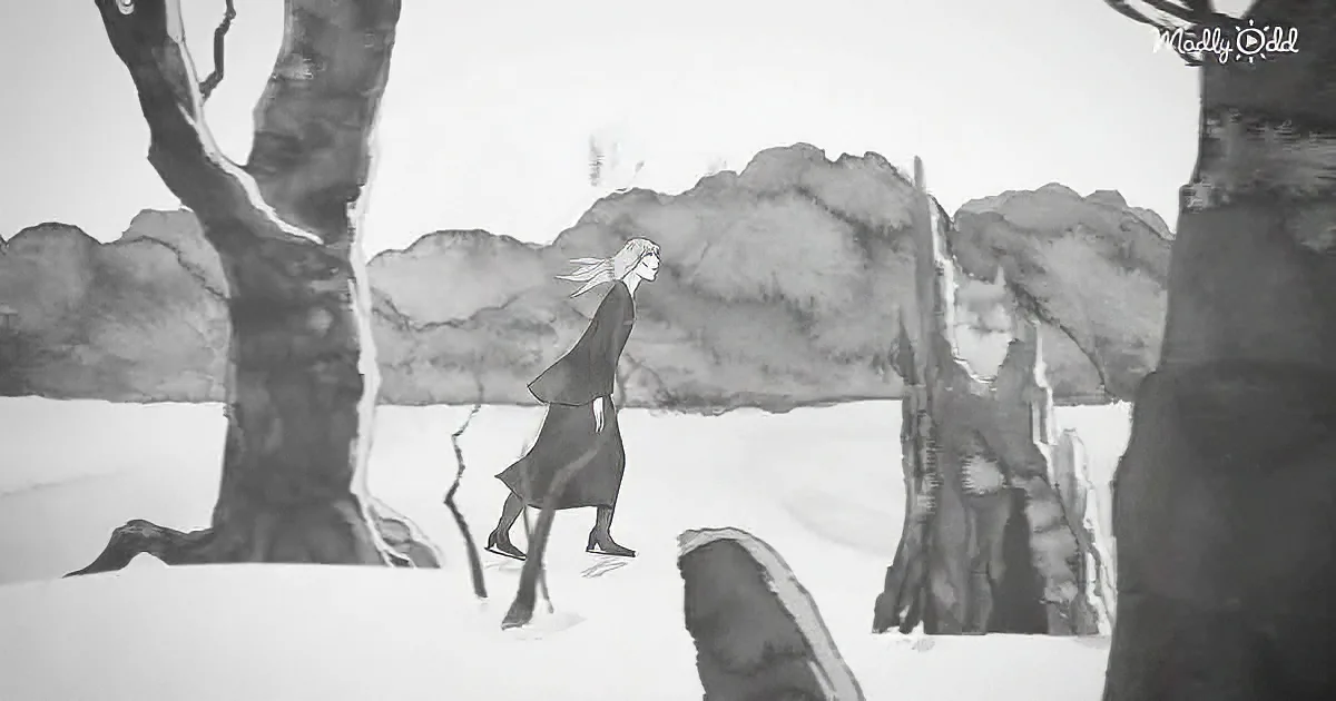 A lone figure in a long coat walks through a barren, desolate landscape with twisted trees and a cloudy sky.