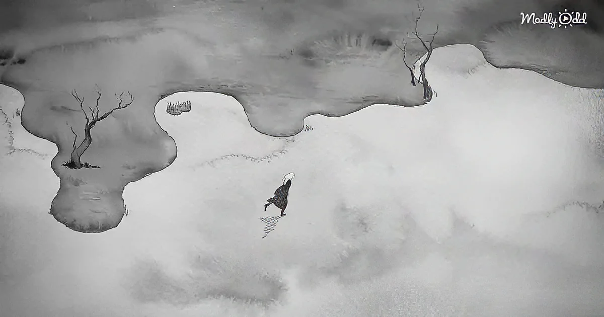 A lone figure walks through a desolate, snowy landscape with sparse trees and a cloudy sky.