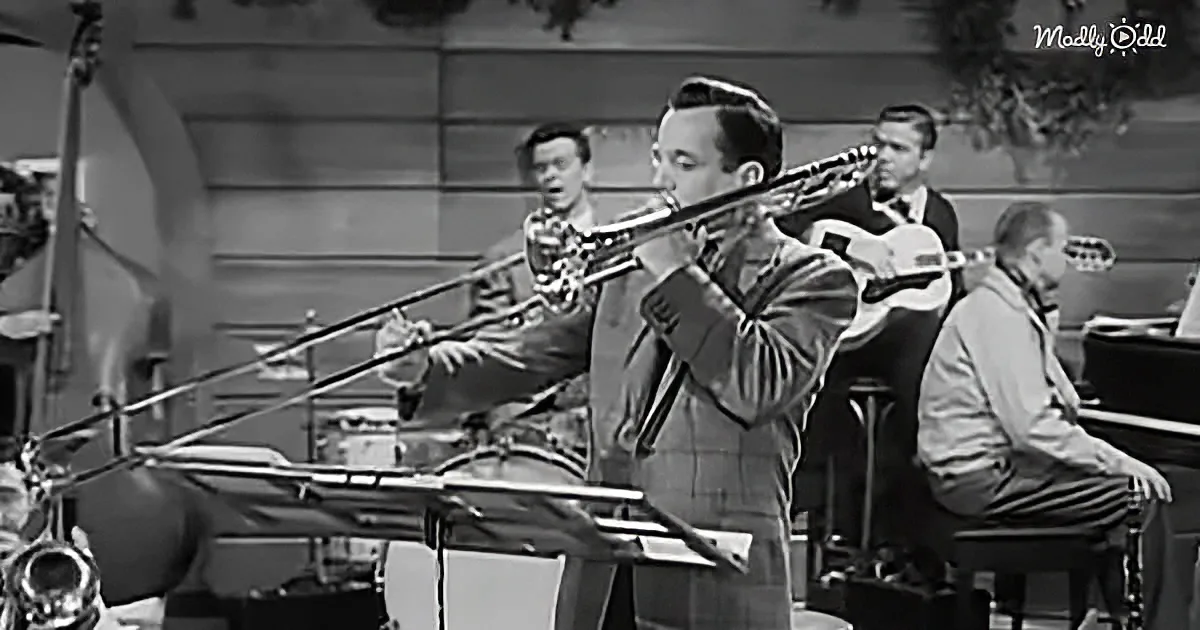 A trombonist in a plaid suit plays passionately, surrounded by other musicians in a jazz band setting.
