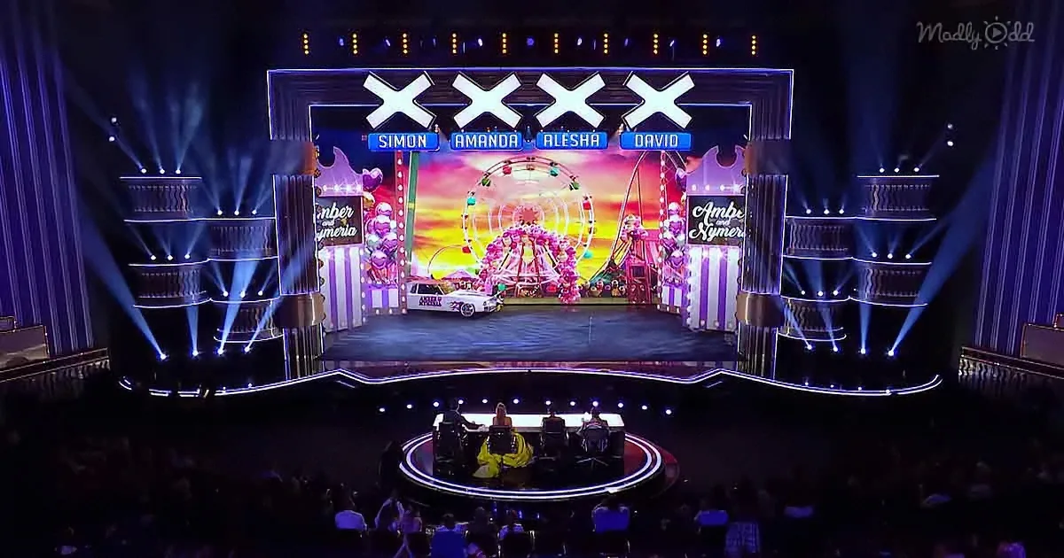 A brightly lit stage with a Ferris wheel, balloons, and a car, surrounded by judges and an audience.