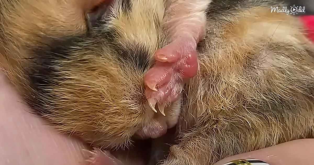 A close-up of a small, furry animal, possibly a baby ferret, with its paw resting on its face.