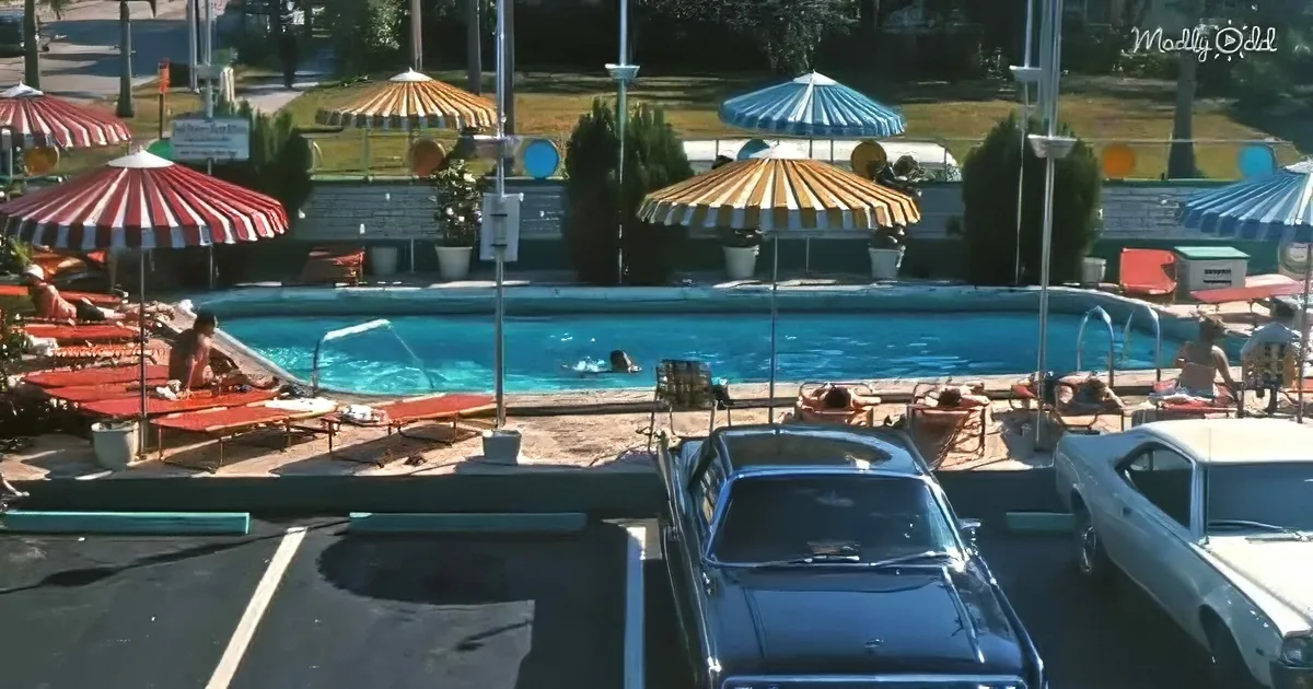 A vintage poolside scene with colorful umbrellas, lounge chairs, and classic cars parked nearby.