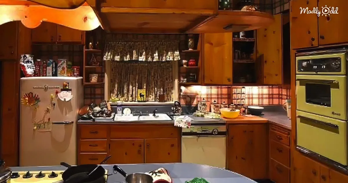 A cozy kitchen with wooden cabinets, a white refrigerator, and a green oven, adorned with various kitchen items and...