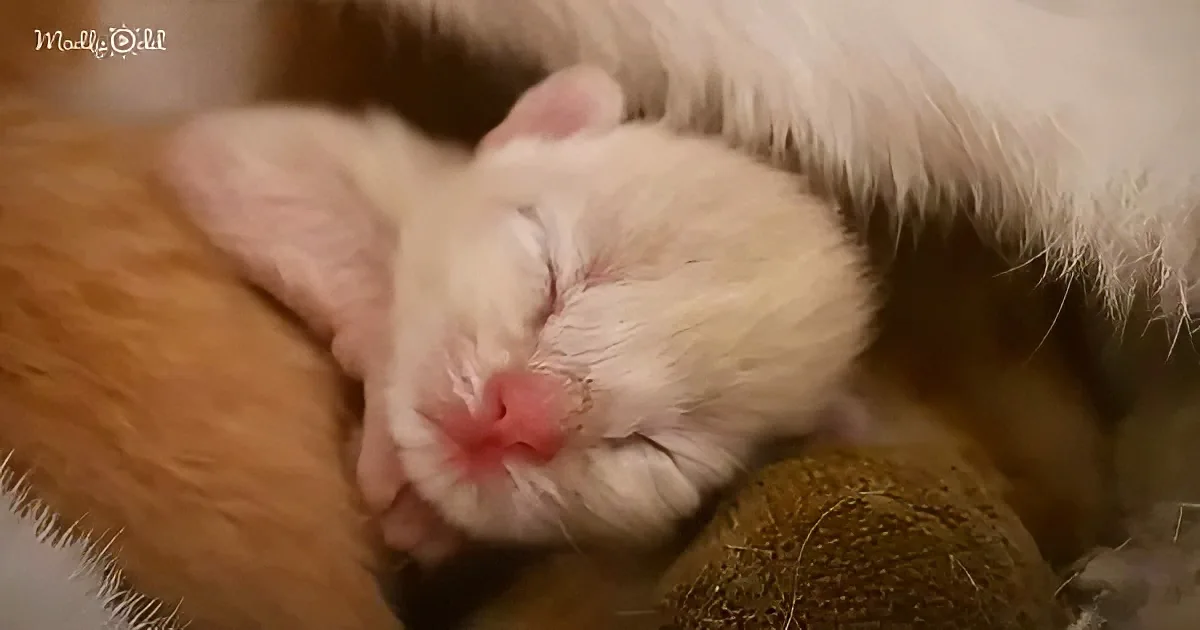 A small, white kitten with closed eyes is nestled comfortably against a brown surface, appearing to sleep peacefully.