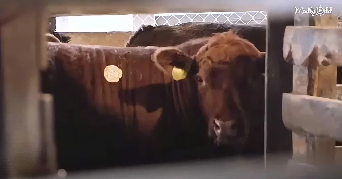 A brown cow with a yellow ear tag stands in a pen, looking directly at the camera.