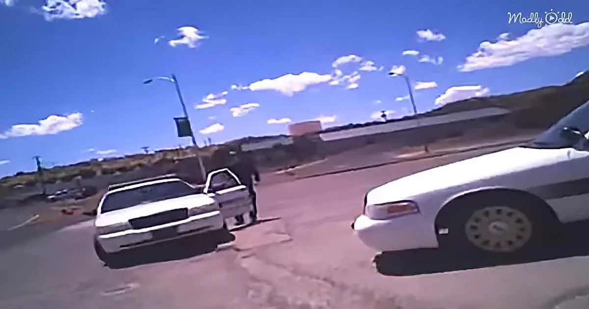 A police car is parked on the side of a road, with another car and a person nearby.