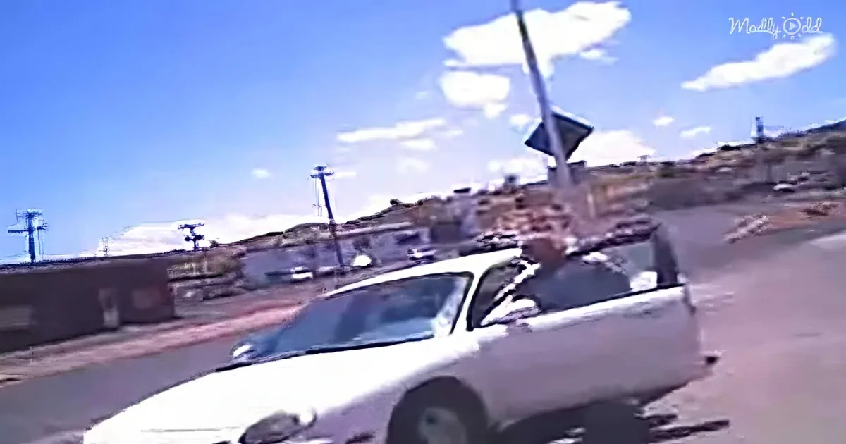 A white car drives on a road with a person in the driver's seat, surrounded by a desert-like environment and a blue sky.