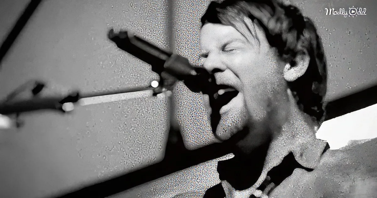 A person singing passionately into a microphone, with a guitar in the background.