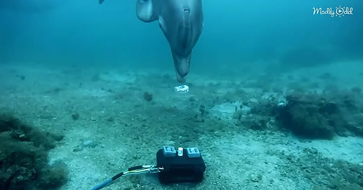 A dolphin swims near a device on the ocean floor, with a small object in its mouth.
