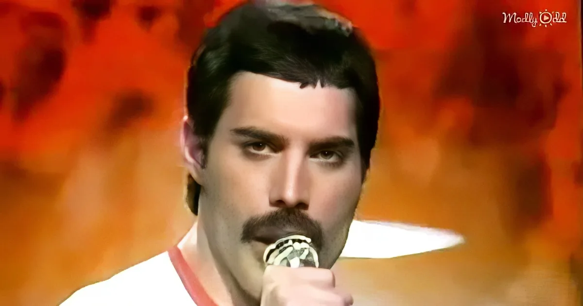 Freddie Mercury singing passionately into a microphone against a vibrant orange background.