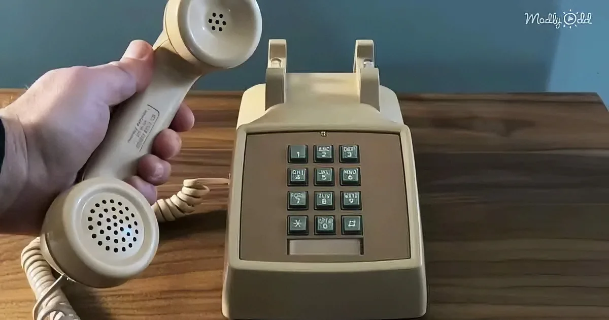 A hand holds a beige rotary phone handset near a beige desk phone with a numeric keypad.