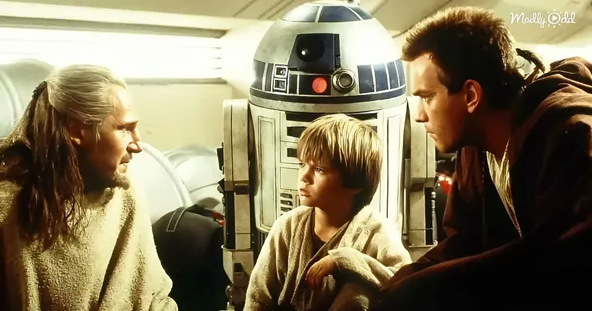 Obi-Wan Kenobi, Luke Skywalker, and R2-D2 are in a spaceship, discussing their next move.