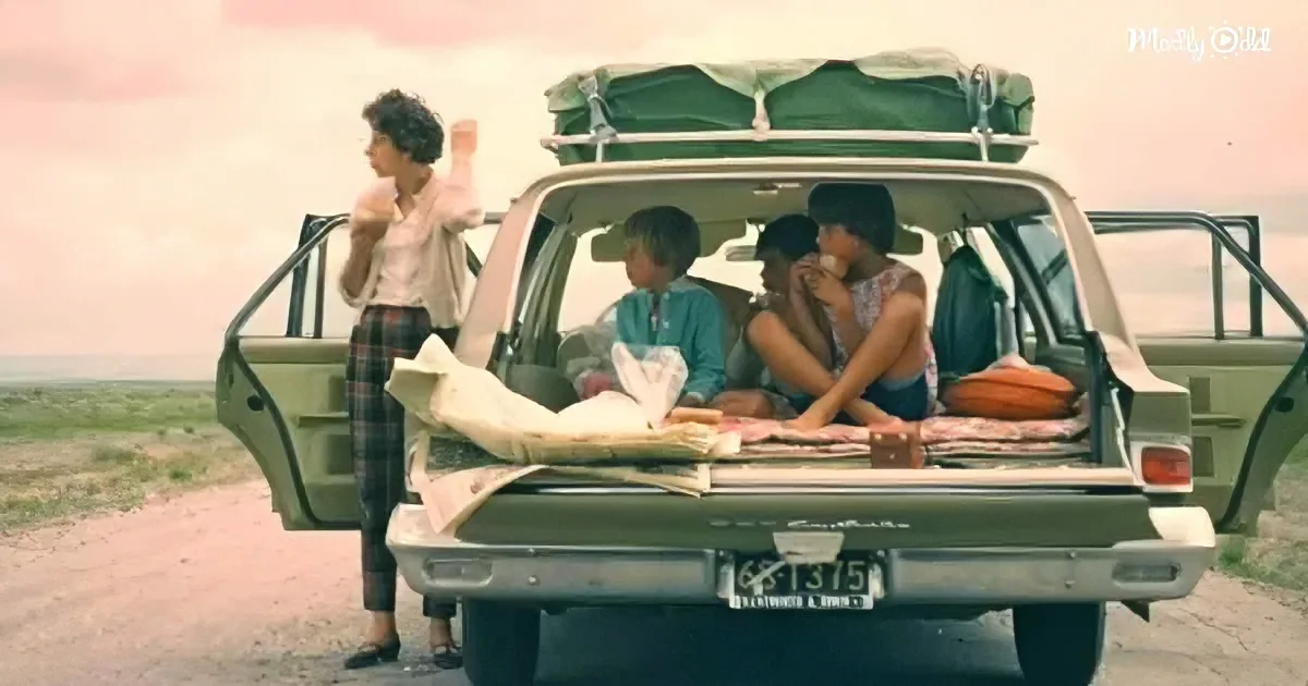 A woman stands beside a car with three children in the back, luggage on top, on a road.