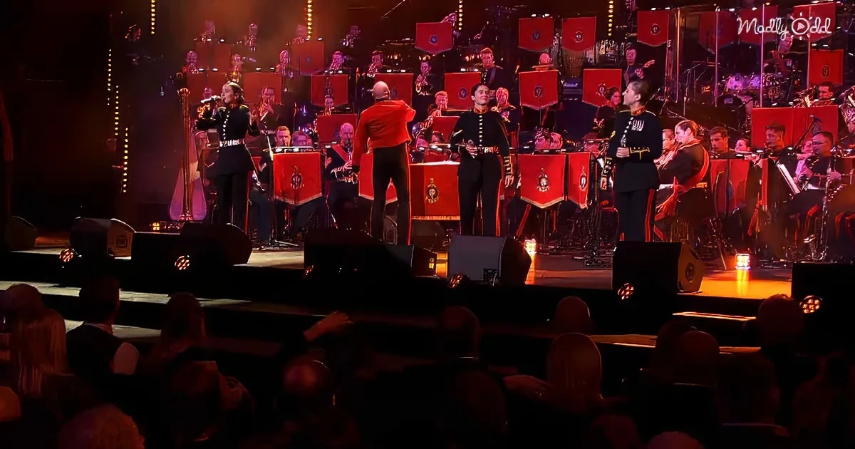 A conductor leads a military band on stage with a microphone, surrounded by musicians and a seated audience.