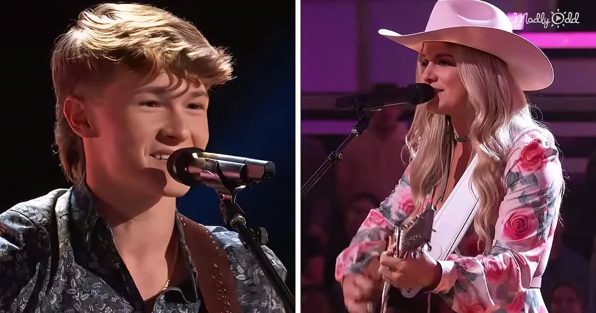 A young man and a woman in a cowboy hat sing into microphones, both wearing floral patterns.