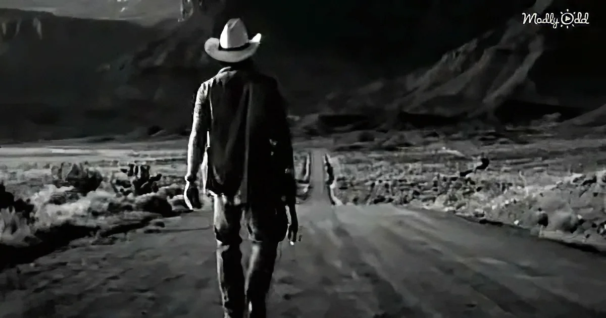 A lone figure in a cowboy hat walks down a dusty road in a barren landscape.