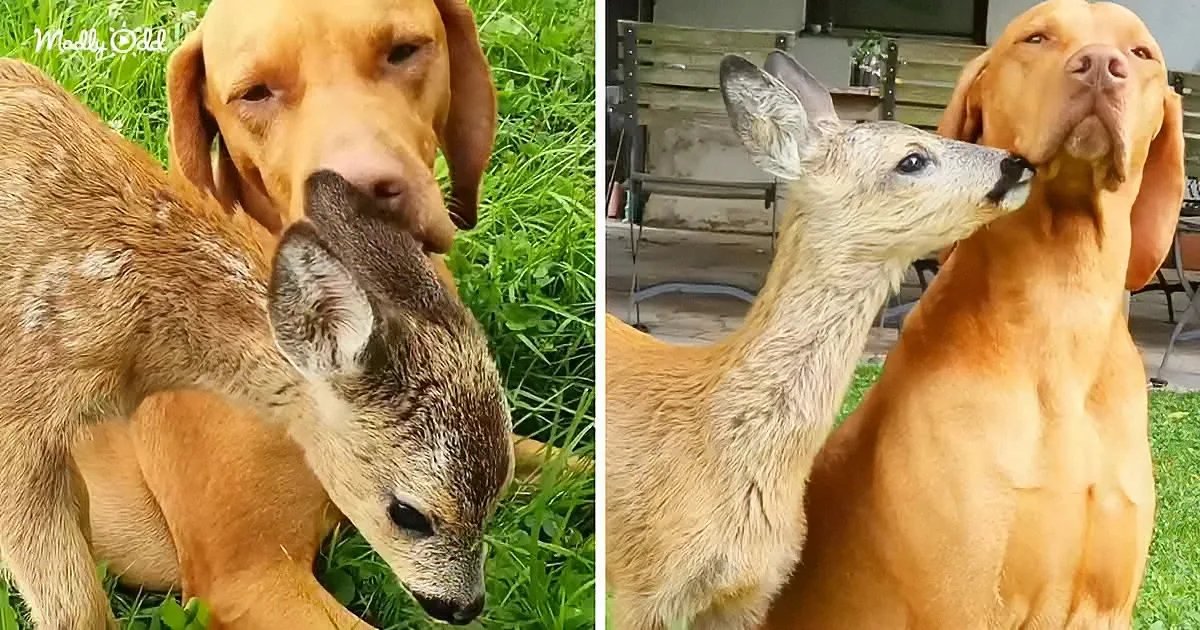 A dog and a deer share a tender moment, nose-to-nose, in a grassy setting.
