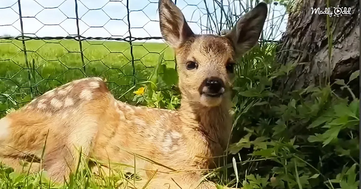 A young deer with light brown fur and white spots rests in green grass near a tree and chicken wire fence.