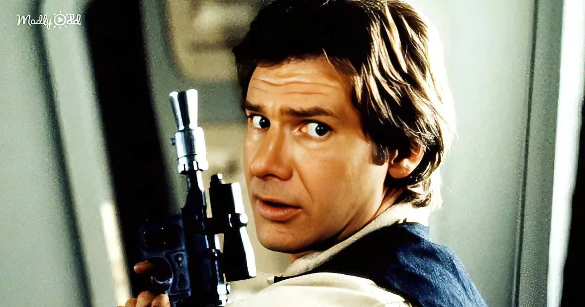 Harrison Ford as Han Solo, holding a blaster, looking surprised, in a sci-fi setting.