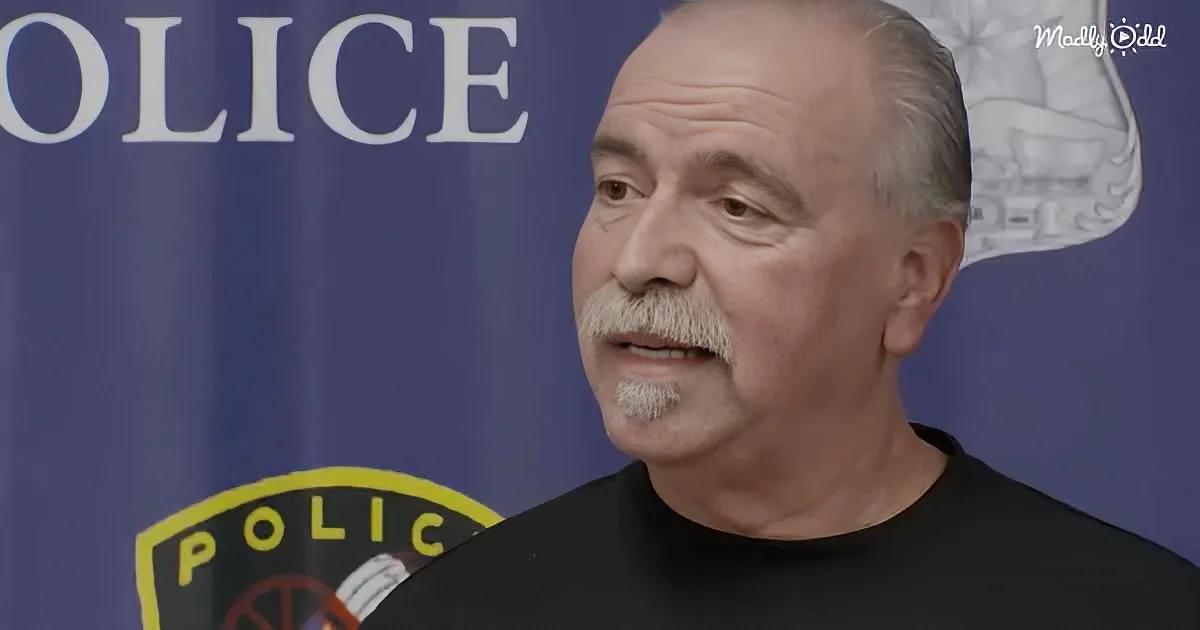 A man with a mustache speaks in front of a blue police backdrop.