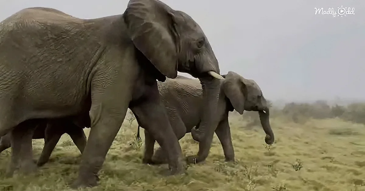 A mother elephant leads her calf through a grassy field, with another elephant nearby.