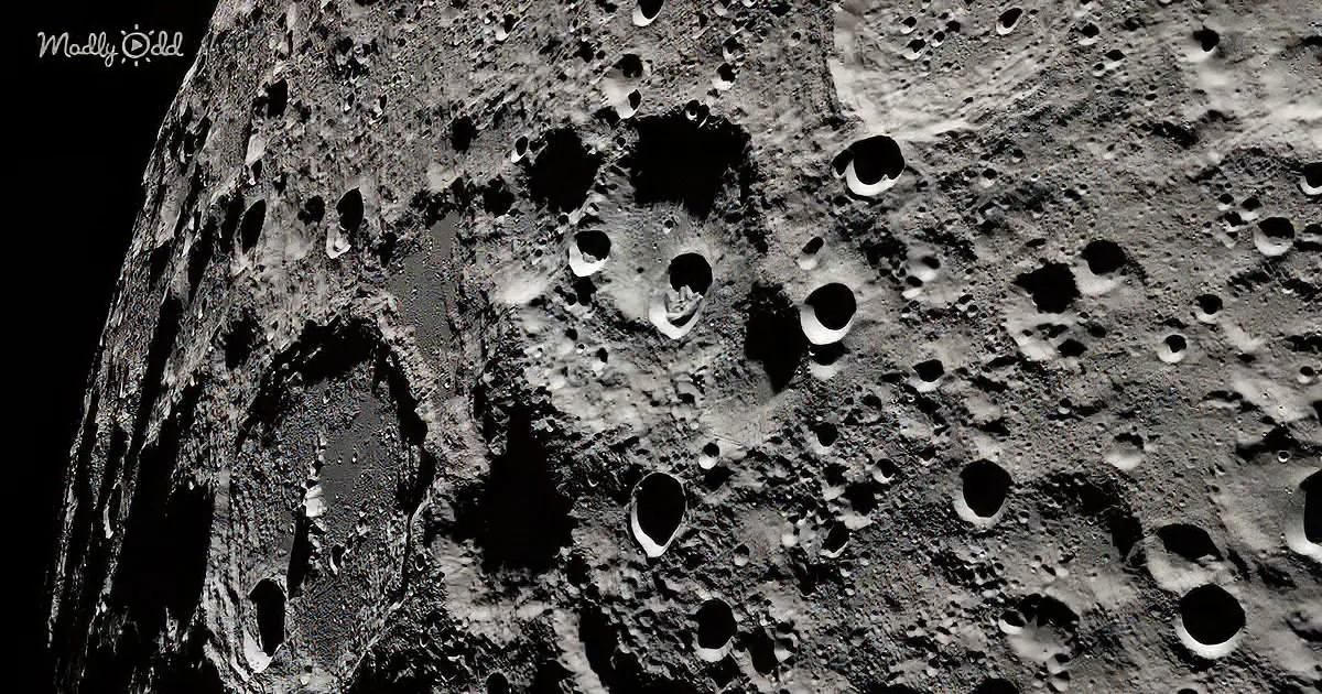 A close-up of the lunar surface with numerous craters and a dark shadow.