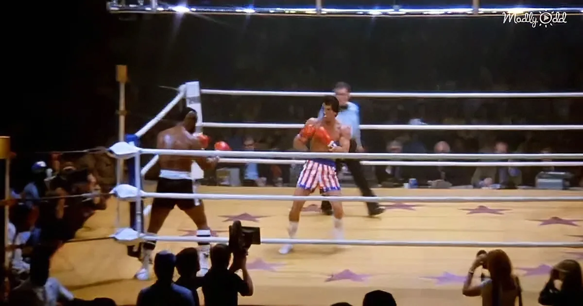 Two boxers face off in a ring, one in red gloves, the other in white and red striped shorts.