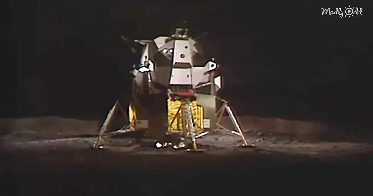 The lunar module stands on the moon's surface, illuminated against the dark sky.