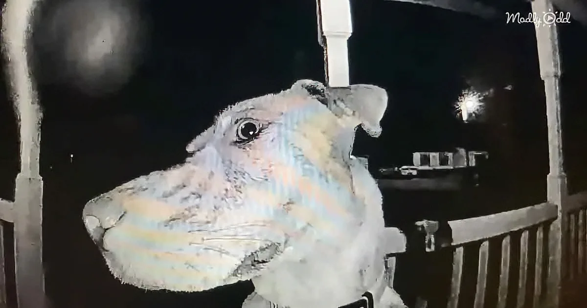 A cow's head is partially covered in frost, standing in a barn at night.