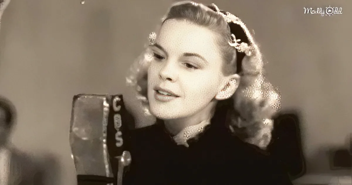 A woman with styled hair sings into a microphone in a vintage recording studio setting.