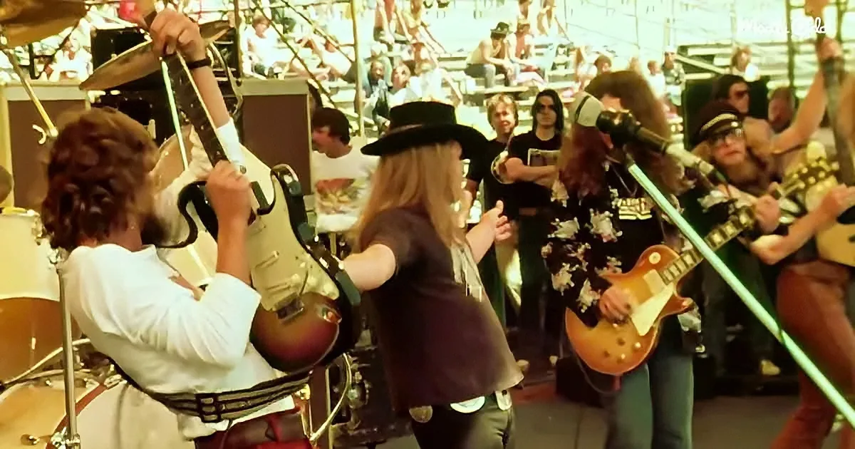 A guitarist in a cowboy hat plays passionately on stage, surrounded by other musicians and an enthusiastic crowd.