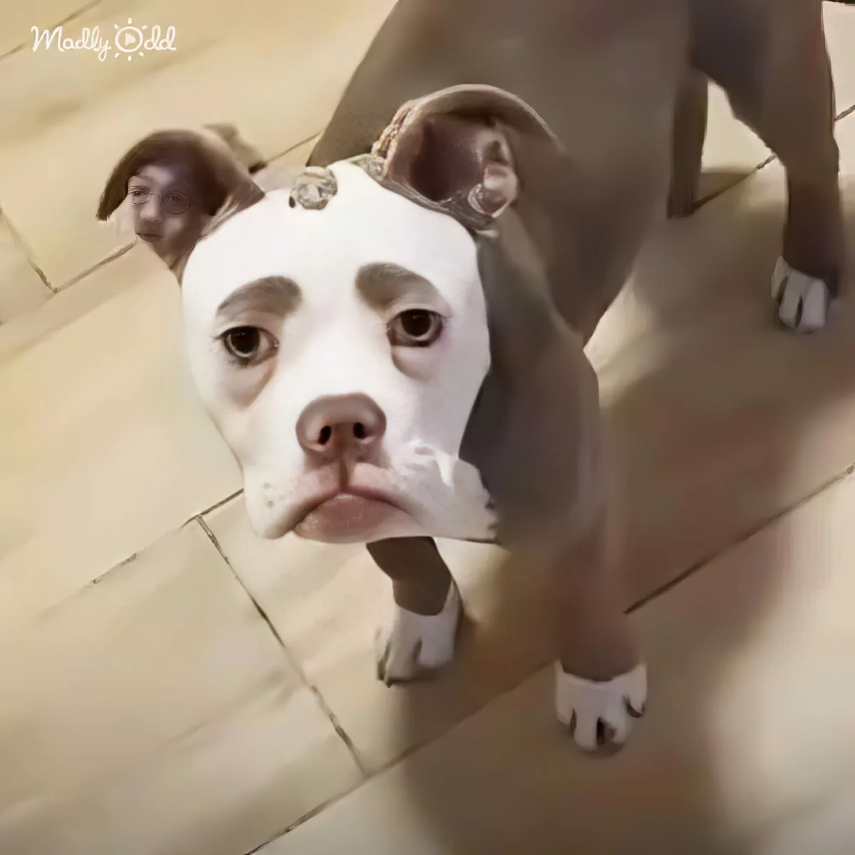 A pit bull with a white face and brown ears stands on a tiled floor, looking up.